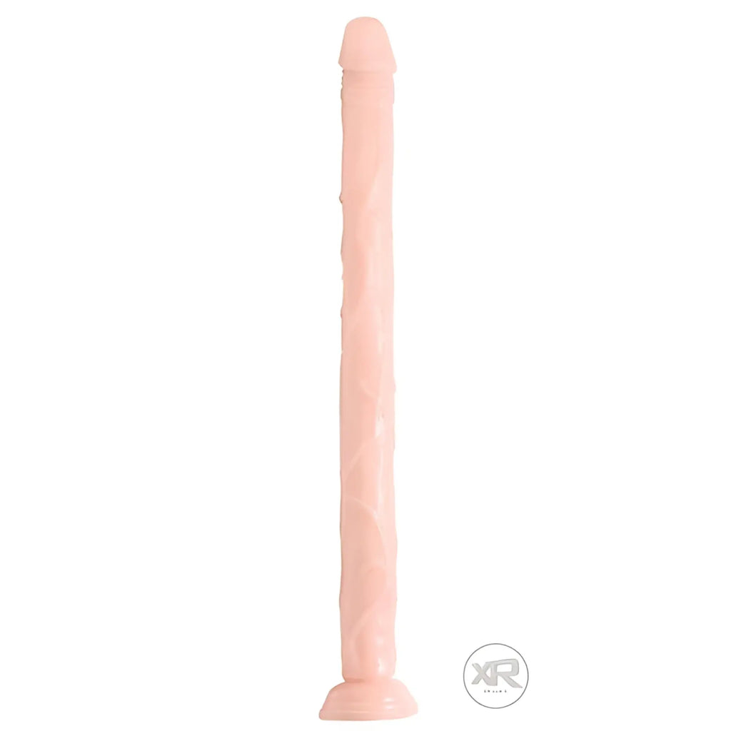 Raging Cockstars Long Dong Leo 18-inch phallic toy in light pink, featuring a slender, textured design with a flat base.