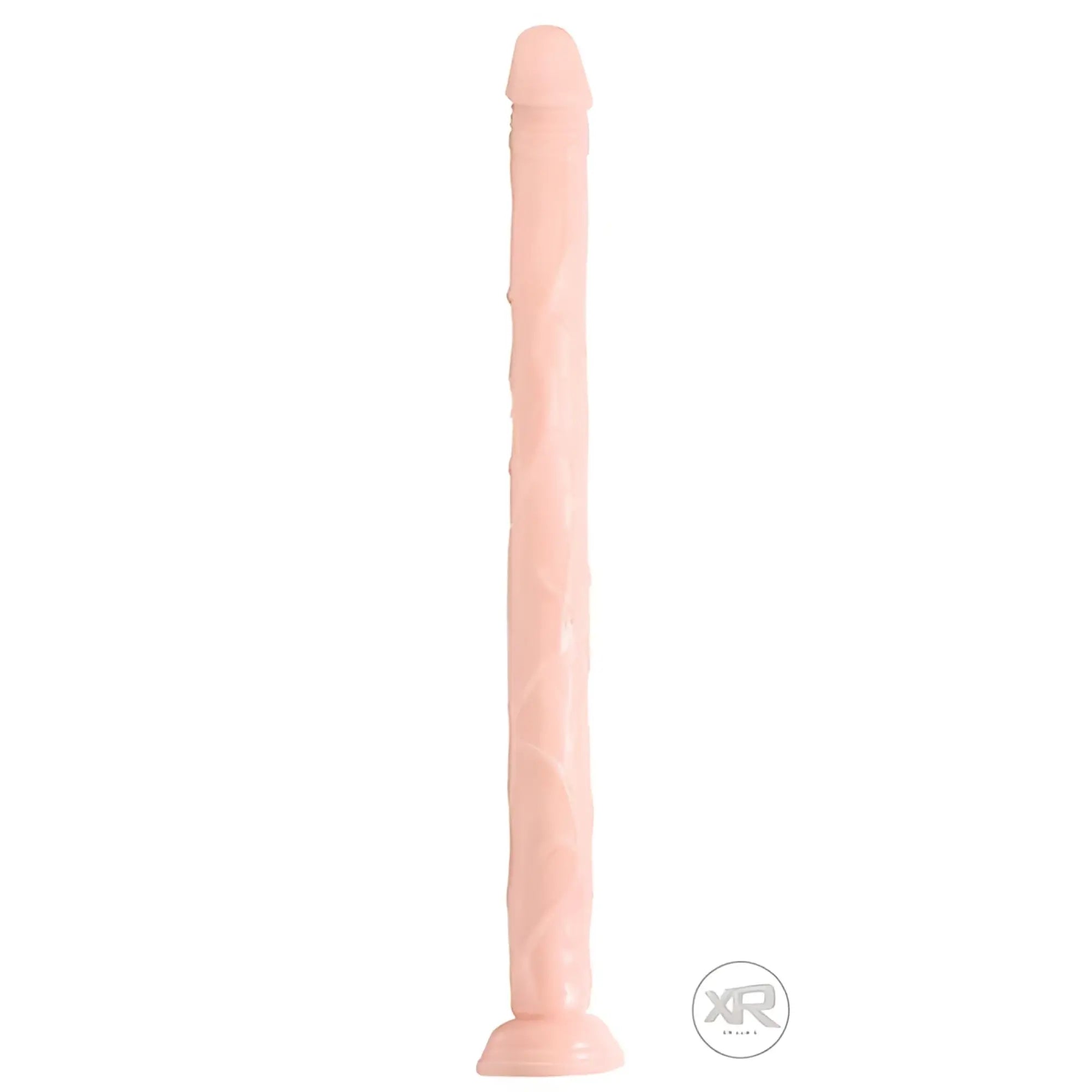 Raging Cockstars Long Dong Leo 18-inch phallic toy in light pink, featuring a slender, textured design with a flat base.