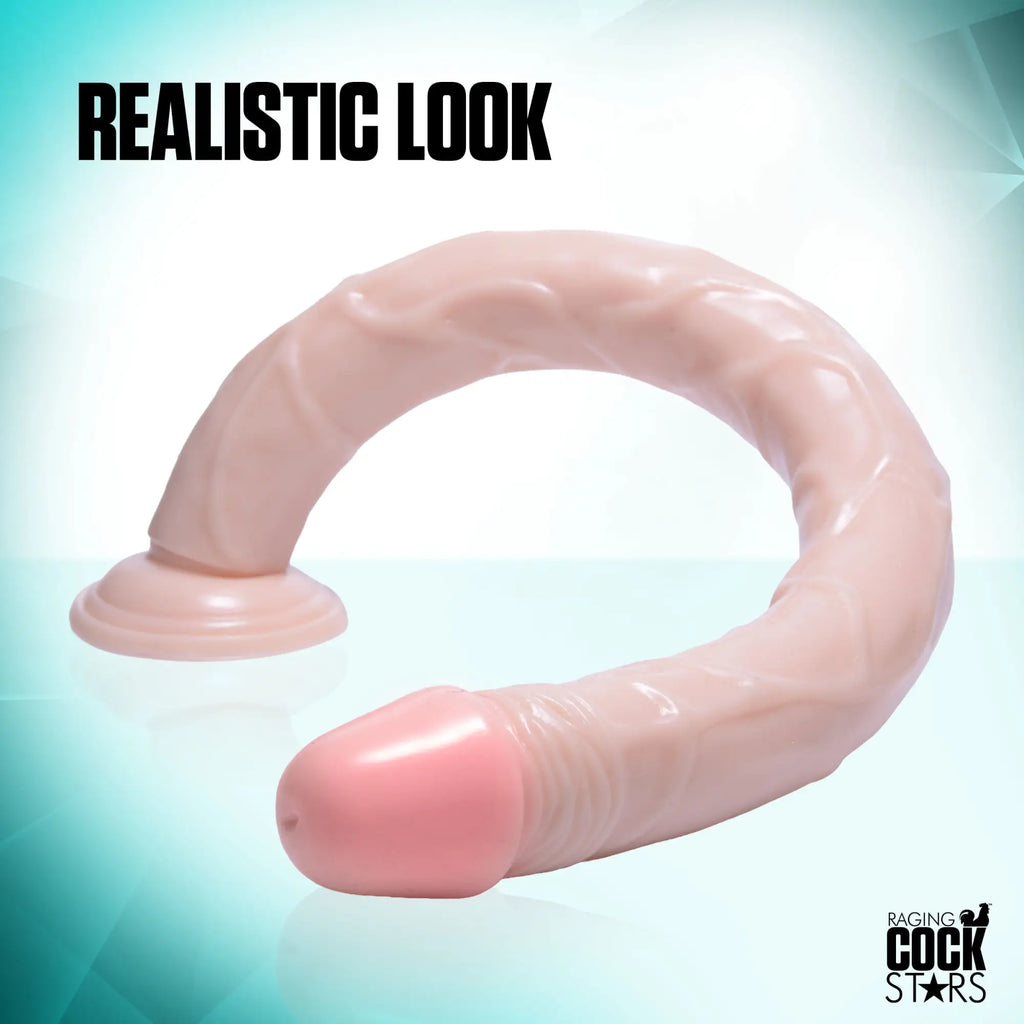 Raging Cockstars Long Dong Leo 18-inch curved, light-pink realistic dildo with a suction cup base.