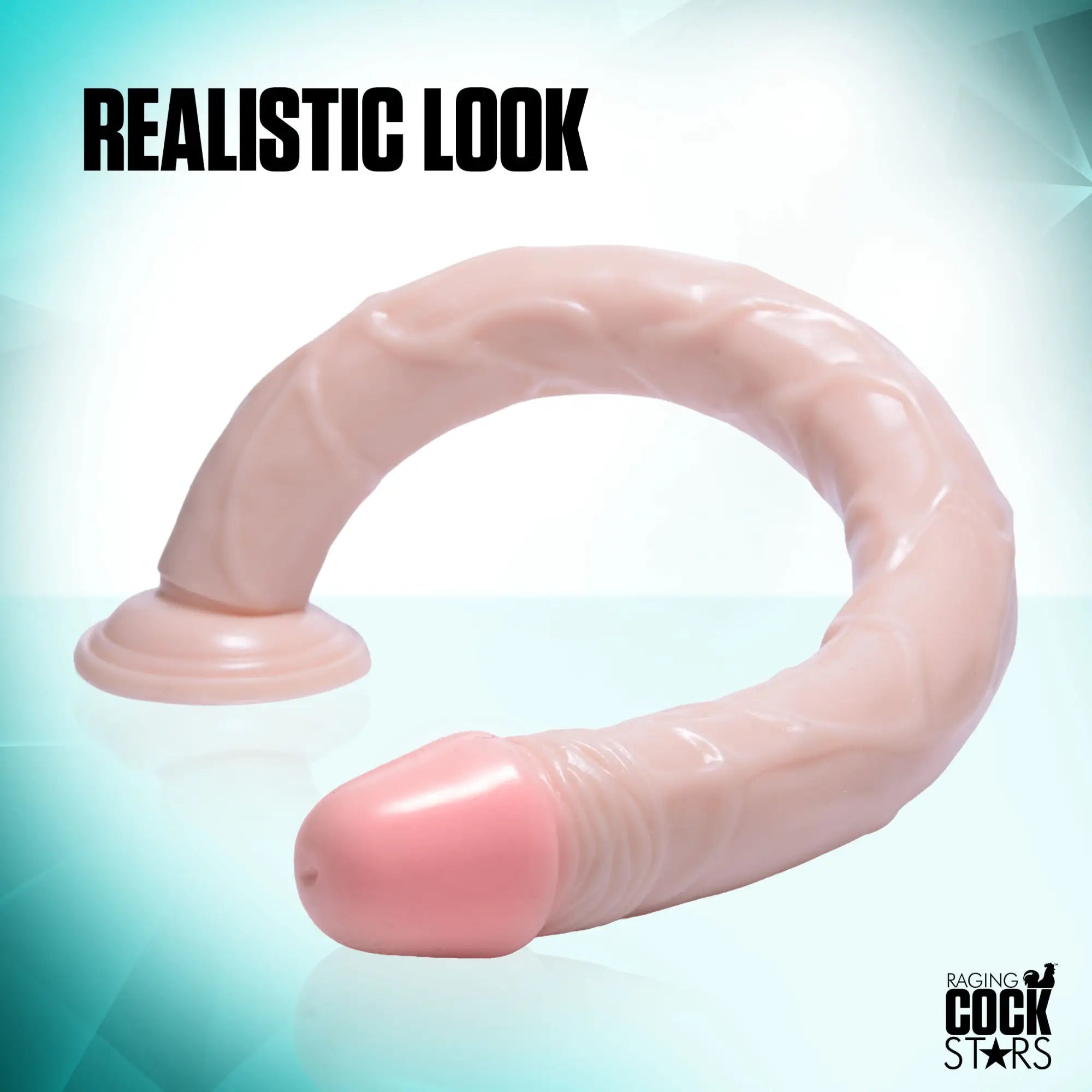 Raging Cockstars Long Dong Leo 18-inch curved, light-pink realistic dildo with a suction cup base.