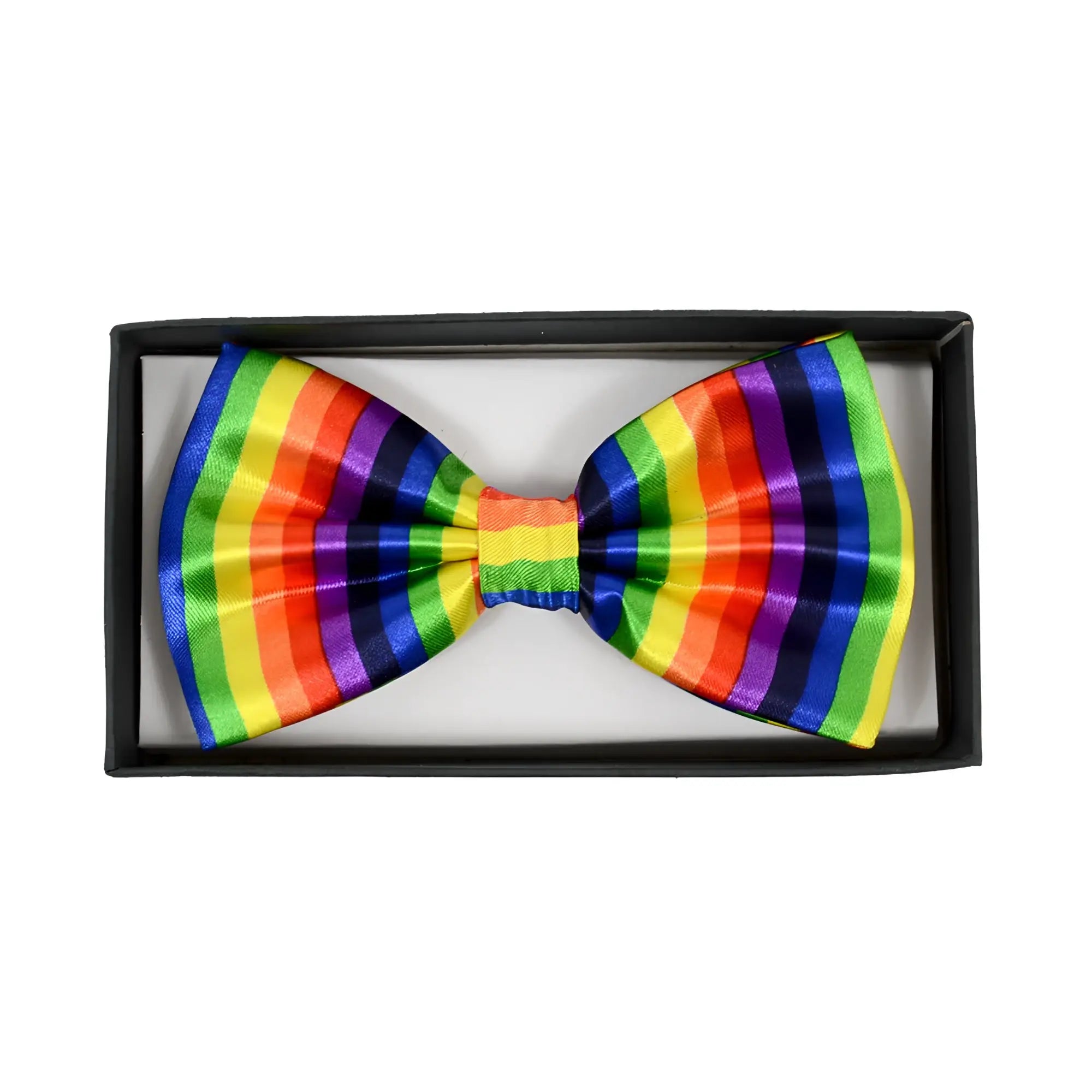A vibrant rainbow bow tie with bold vertical satin stripes in red orange yellow green blue and purple
