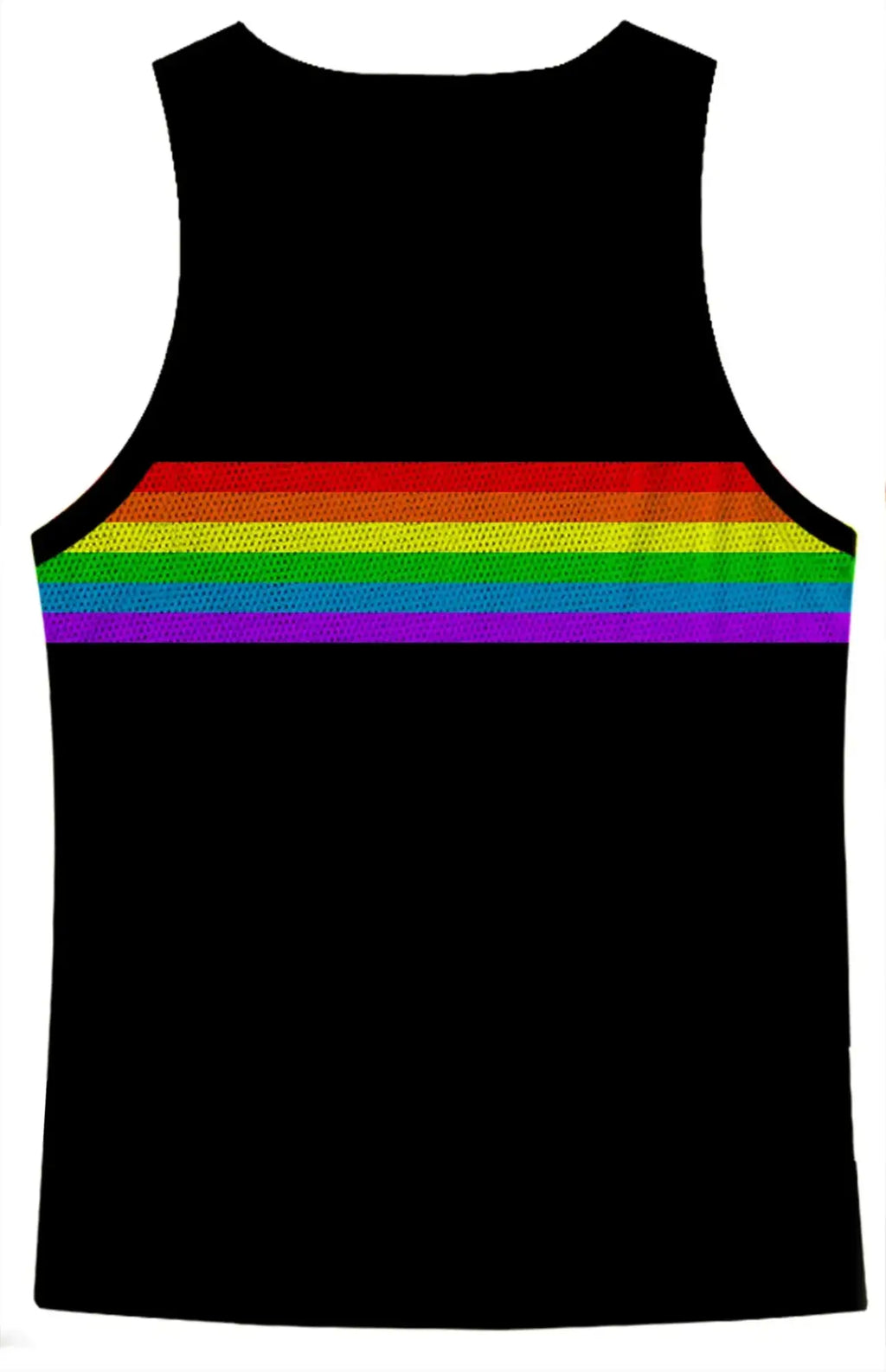 Black sleeveless mesh tank top with a vibrant rainbow stripe across the chest for casual wear