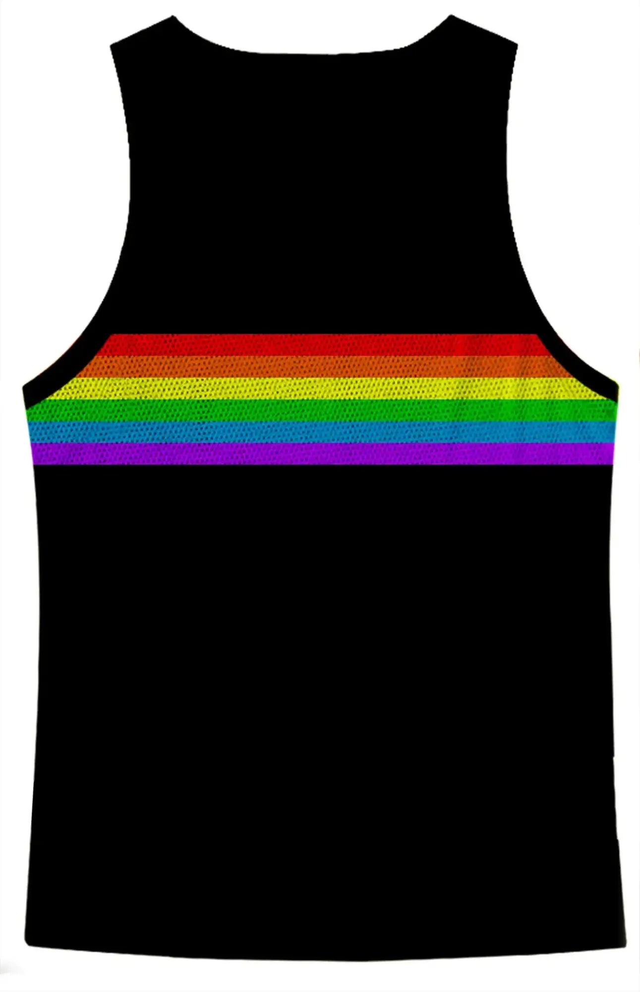Black sleeveless mesh tank top with a vibrant rainbow stripe across the chest for casual wear