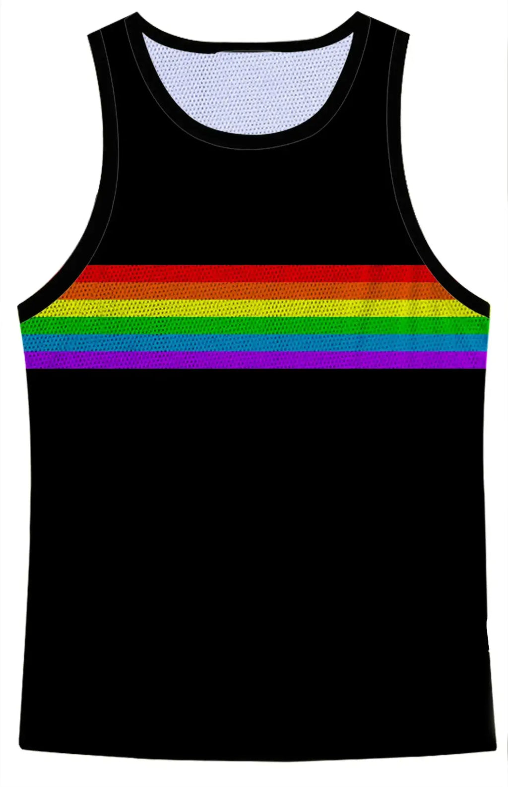 Black mesh tank top with a vibrant rainbow chest stripe in the rainbow chest stripe mesh tank design