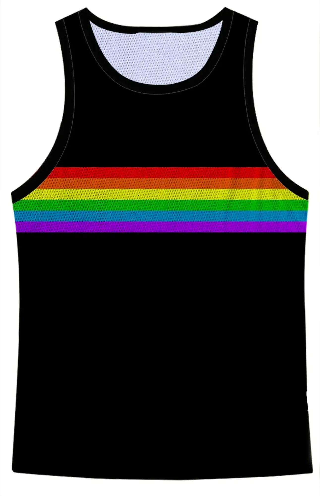 Black mesh tank top with a vibrant rainbow chest stripe in the rainbow chest stripe mesh tank design