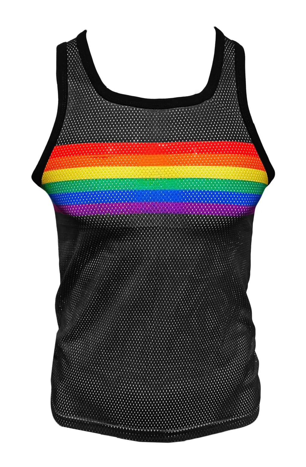 Black mesh tank top with vibrant rainbow chest stripe designed for casual and active wear