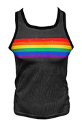Black mesh tank top with vibrant rainbow chest stripe designed for casual and active wear