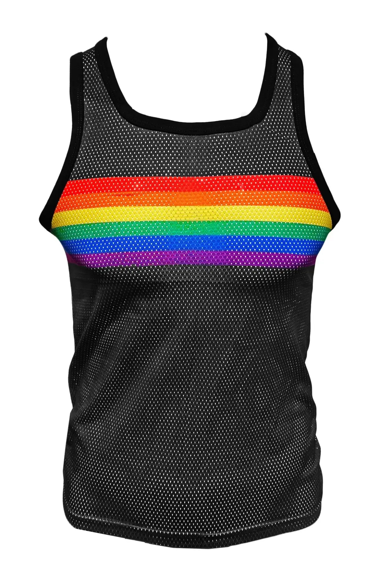 Black mesh tank top with vibrant rainbow chest stripe designed for casual and active wear