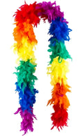 A vibrant rainbow feather boa with soft fluffy feathers arranged in a red to purple gradient for costume use