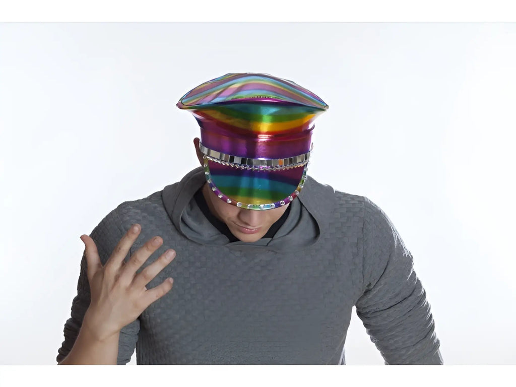 Rainbow festival hat with rainbow-striped iridescent fabric and a shiny metallic band for vibrant festival wear