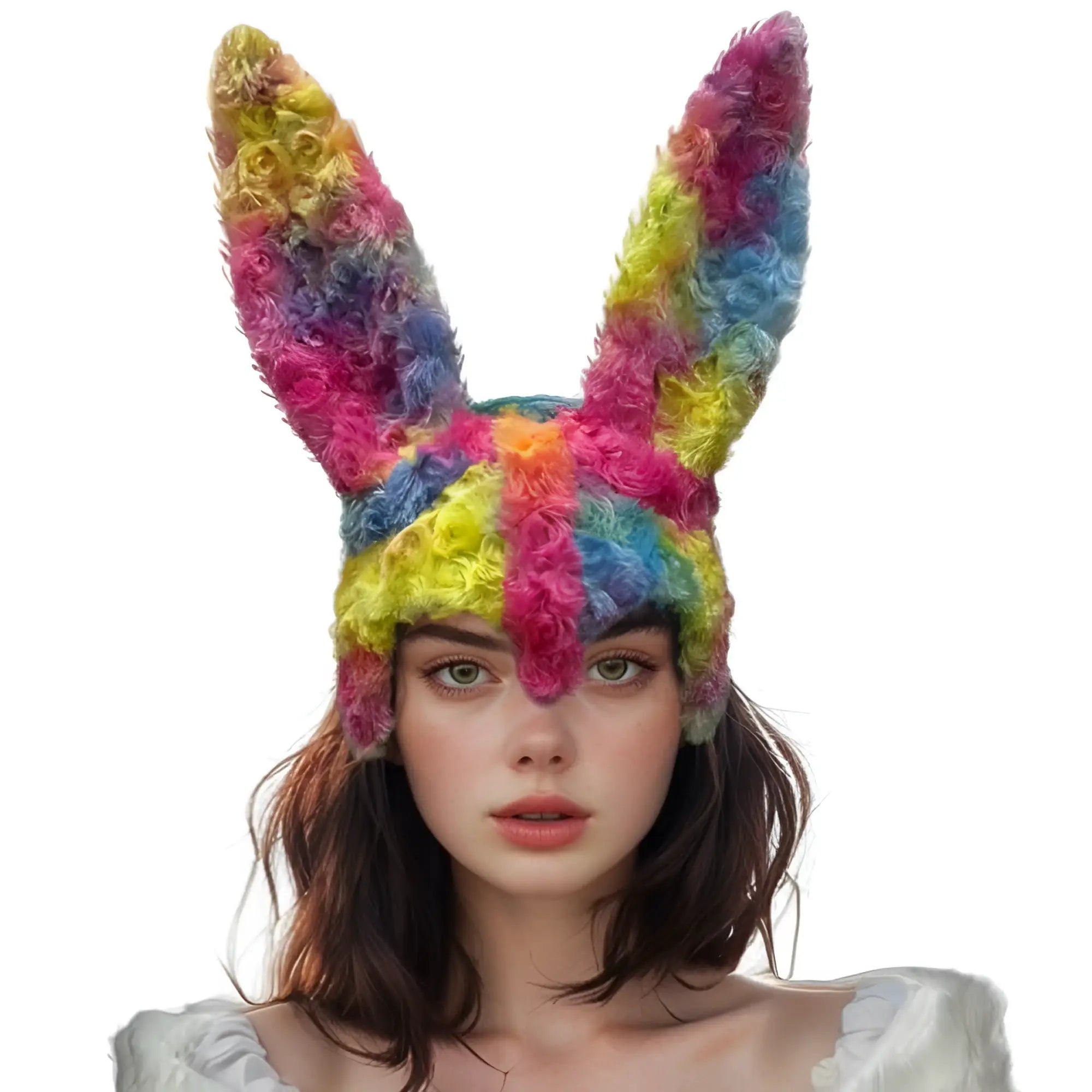 A vibrant rainbow fuzzy bunny mask knitted hat with long ears and a soft fluffy texture