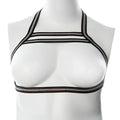 Black and silver glittery striped gender fluid harness halter top with sleek modern design and rainbow glitter accents