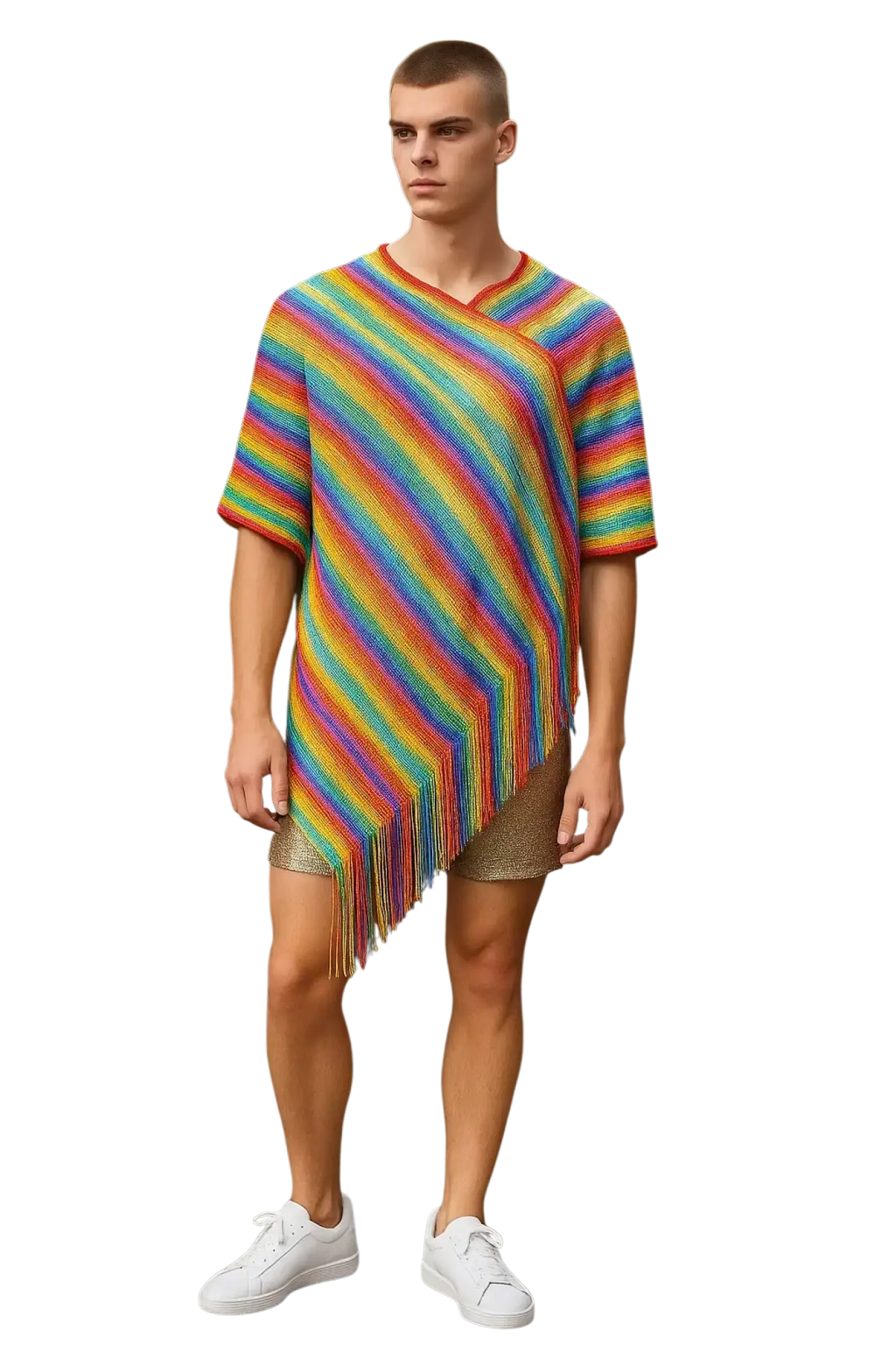 Rainbow glitter poncho with rainbow stripes knitted fabric, short sleeves, and fringe hem for stylish layering