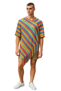 Rainbow glitter poncho with rainbow stripes knitted fabric, short sleeves, and fringe hem for stylish layering