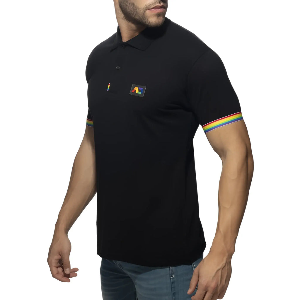 Black rainbow polo shirt with rainbow-striped cuffs and a small colorful logo on the chest for casual wear