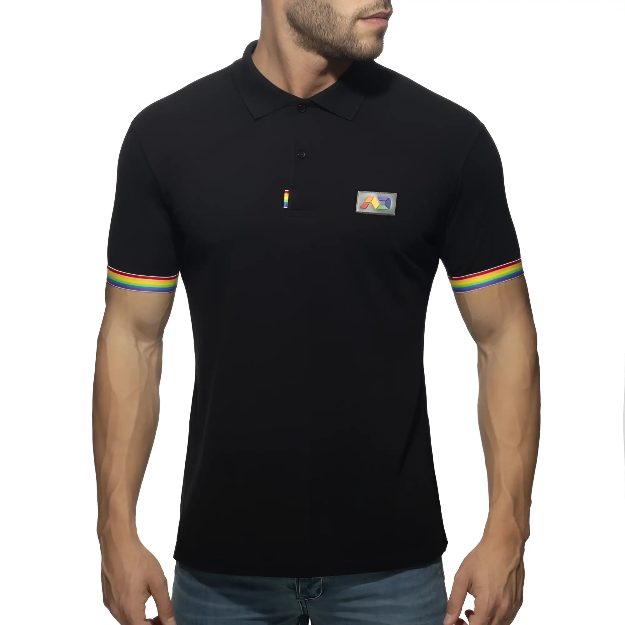 Black polo shirt with rainbow trim on sleeves and a small embroidered colorful geometric patch design
