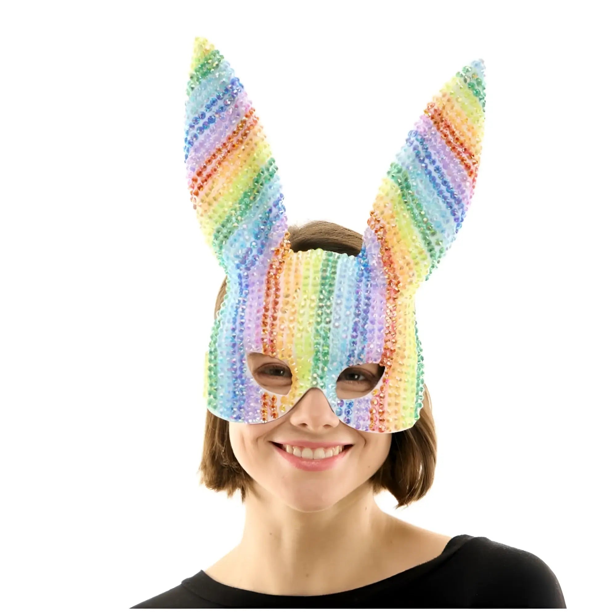 A sparkling rainbow-colored bunny mask with vertical stripes of sequins and rhinestones for festive wear