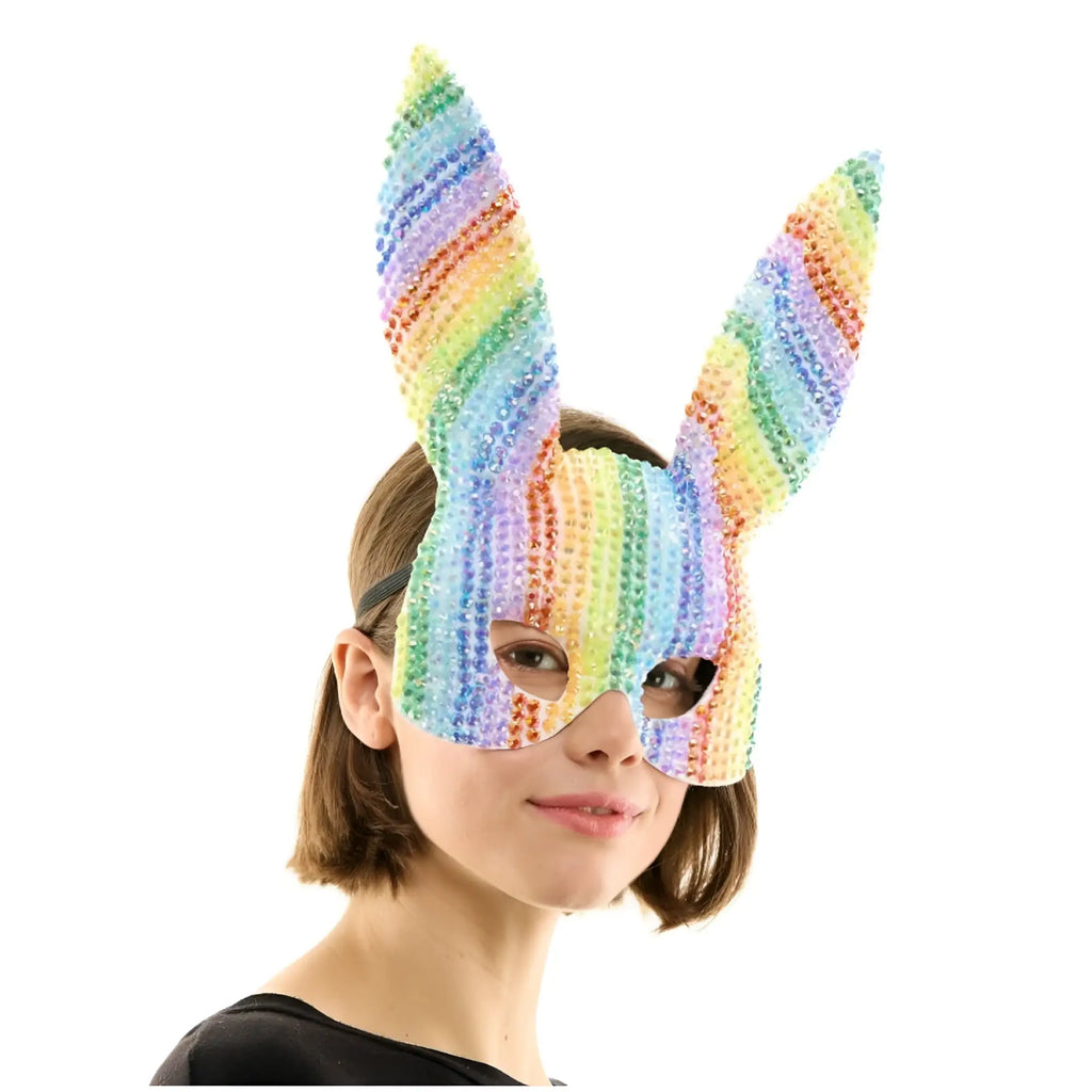 A sparkling rainbow rhinestone bunny mask with long pointed ears covered in colorful sequins