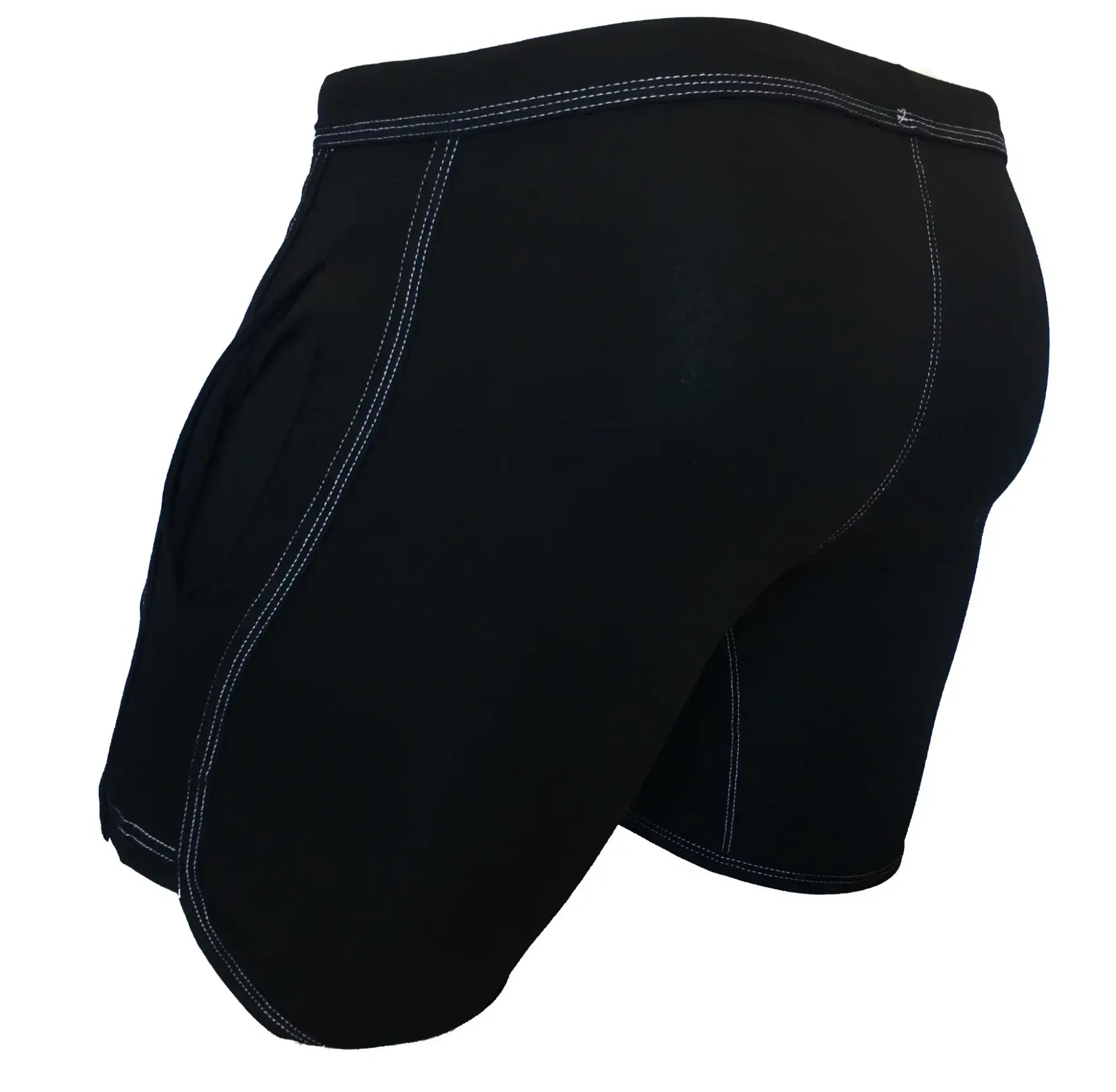 Black athletic rainbow ribbon shorts with white stitching along seams and waistband for active wear