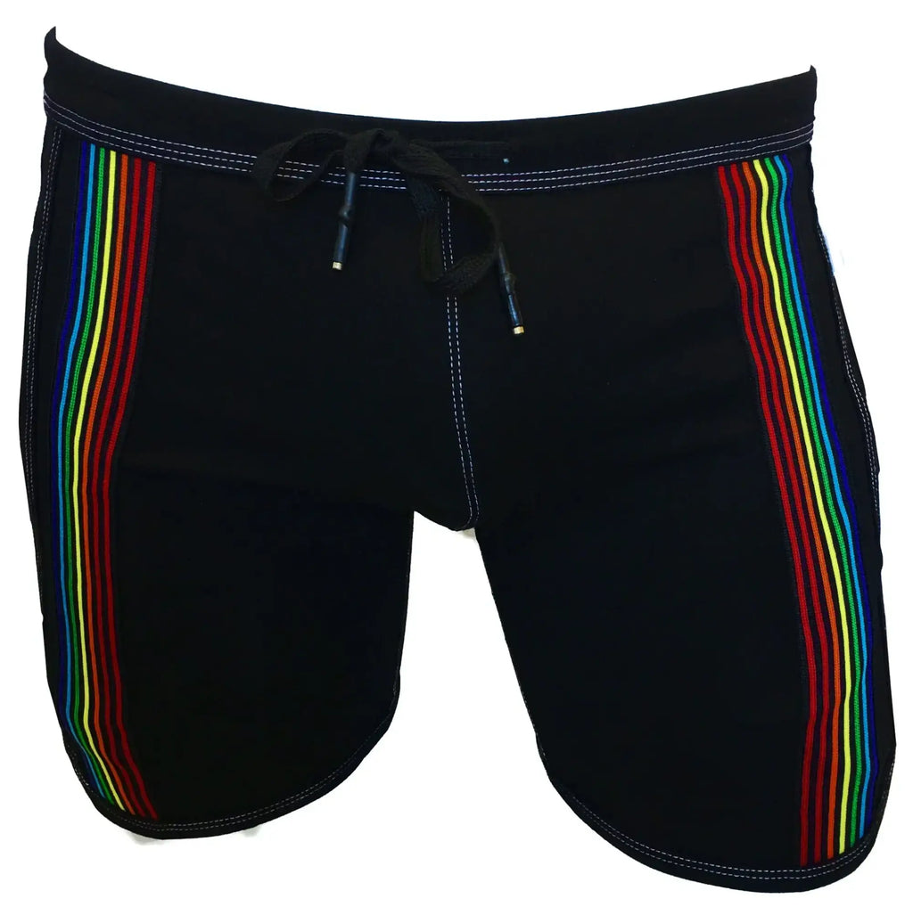 Black swim trunks rainbow ribbon shorts with vibrant rainbow stripes down each side for swim and beachwear