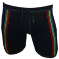 Black swim trunks rainbow ribbon shorts with vibrant rainbow stripes down each side for swim and beachwear