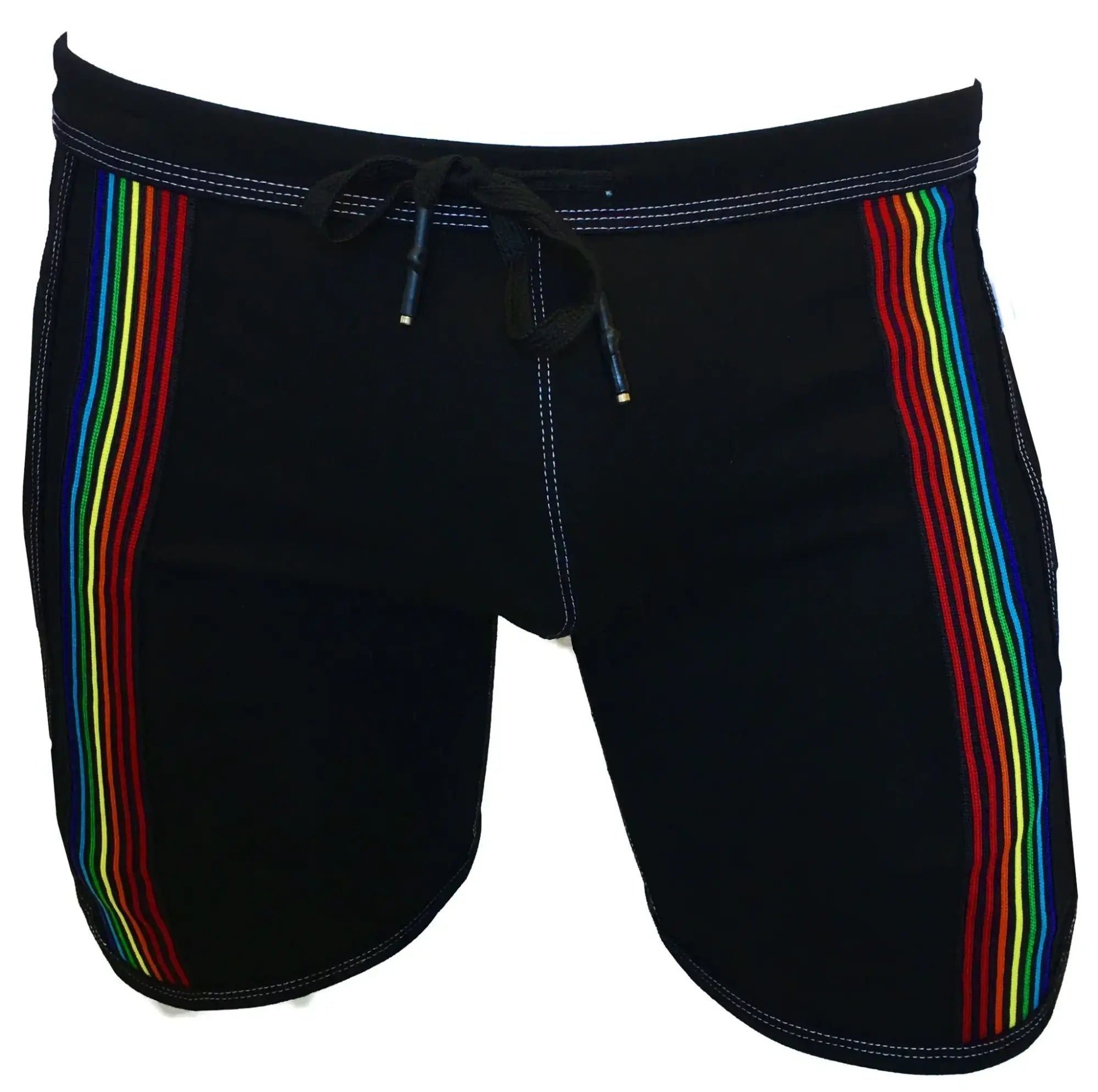 Black swim trunks rainbow ribbon shorts with vibrant rainbow stripes down each side for swim and beachwear