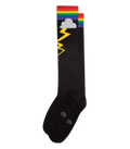 Black knee high socks with a vibrant rainbow stripe top and cloud and lightning bolt design called rainbow storm knee high socks