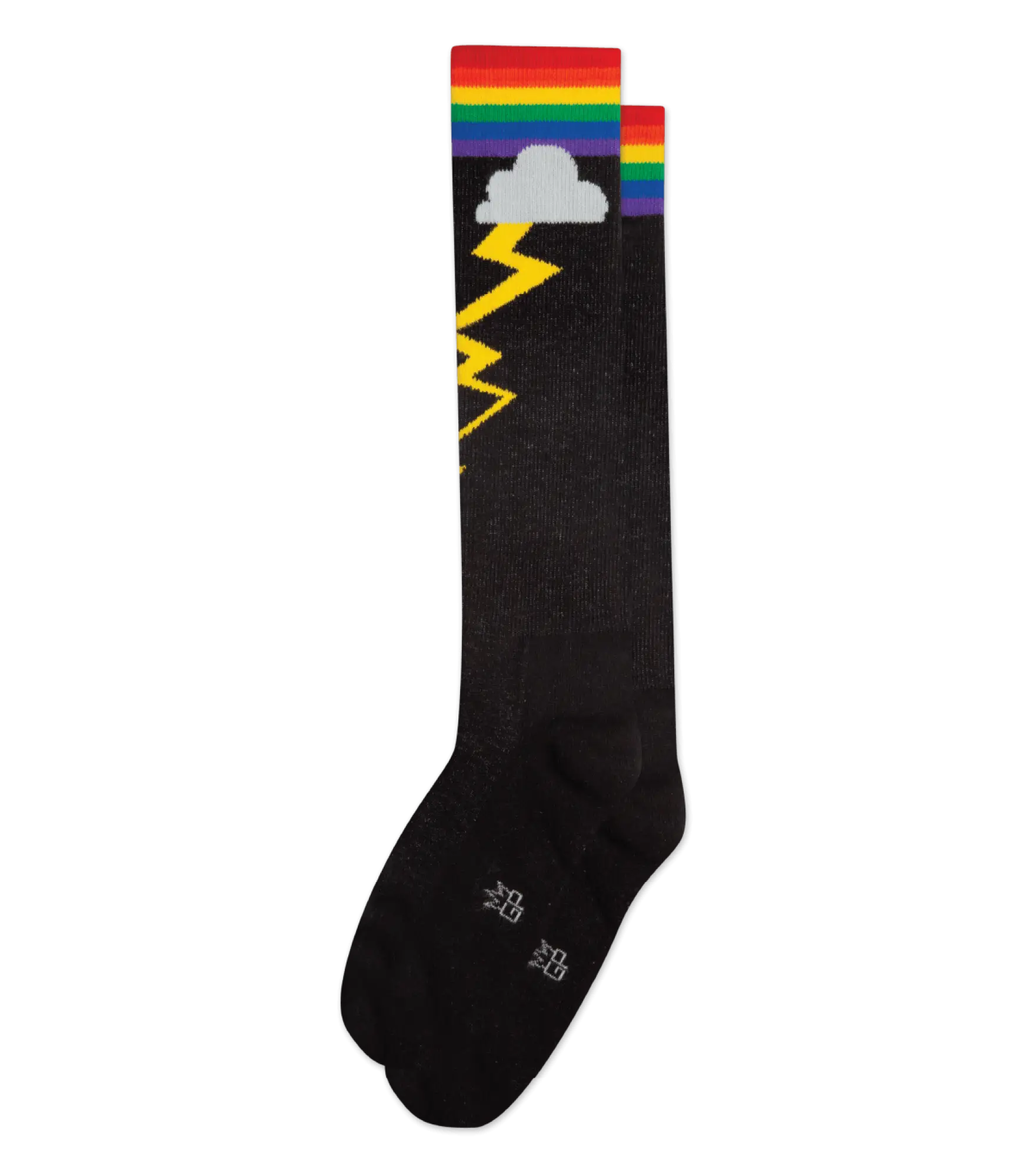 Black knee high socks with a vibrant rainbow stripe top and cloud and lightning bolt design called rainbow storm knee high socks