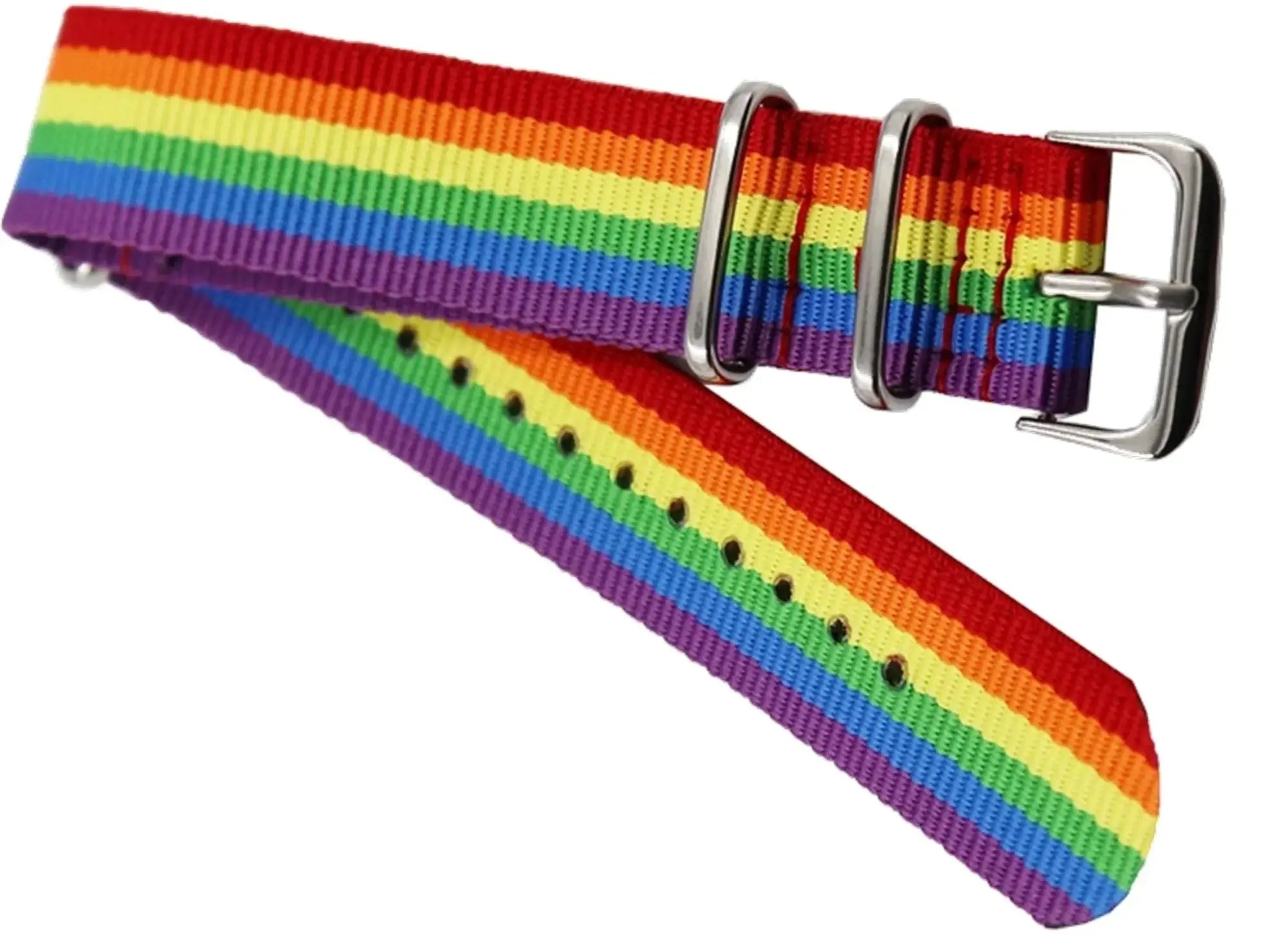 Rainbow strap bracelet made of nylon with rainbow stripes and silver-toned buckle and keepers for wrist wear