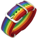 Rainbow strap bracelet featuring a rainbow-striped nylon watch strap with silver-toned metal buckle