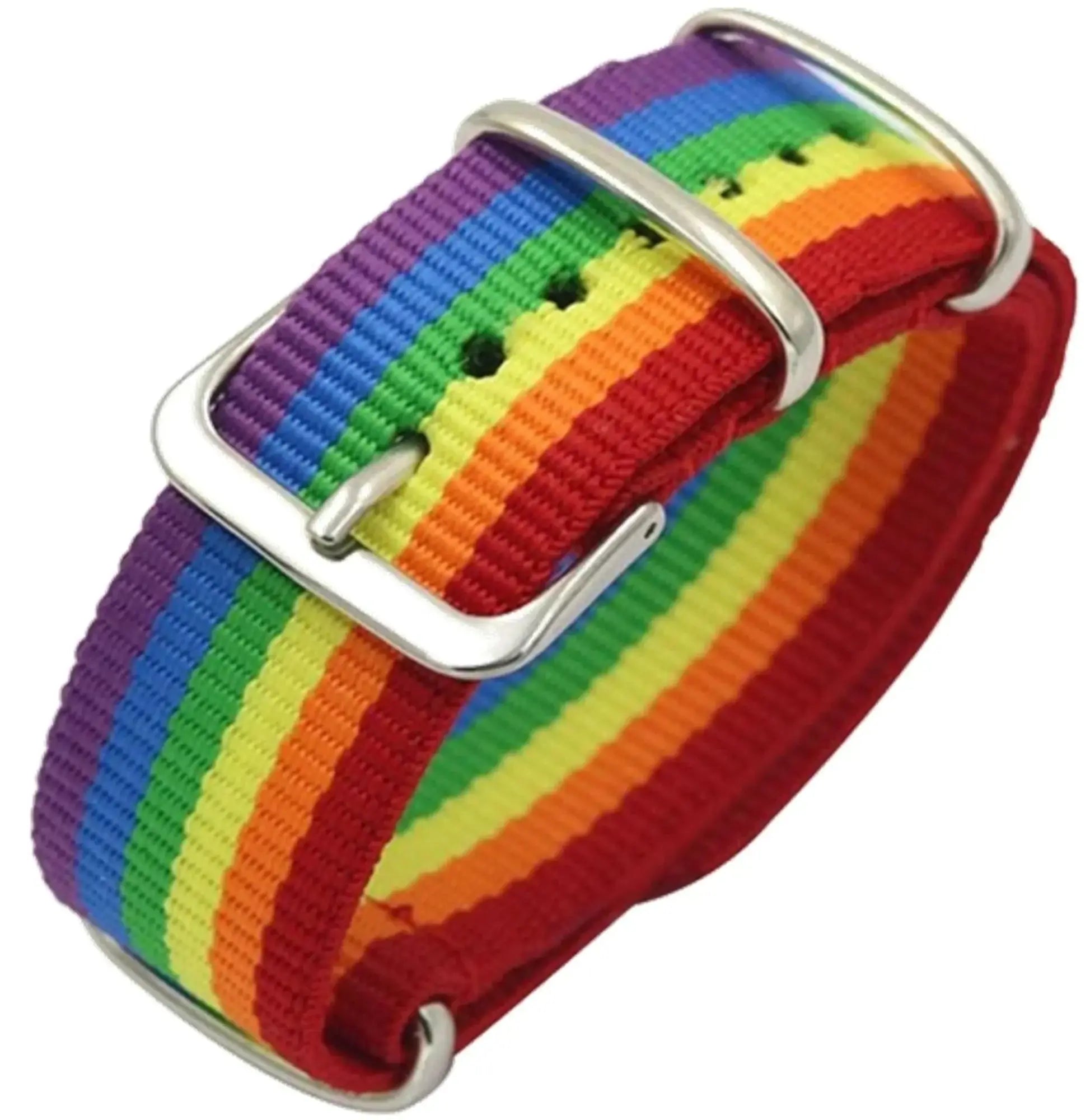 Rainbow strap bracelet featuring a rainbow-striped nylon watch strap with silver-toned metal buckle