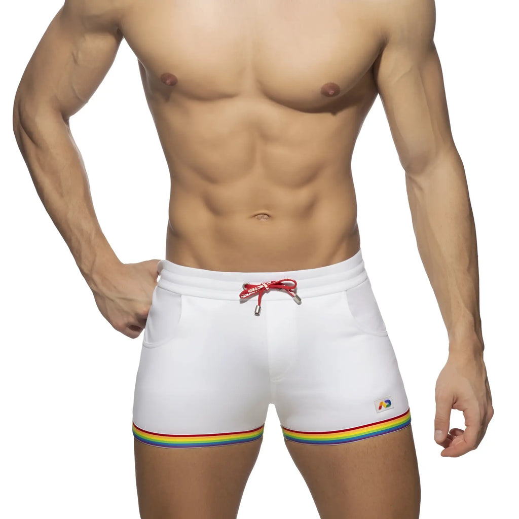 White cotton swim trunks with rainbow tape trim and red drawstring from rainbow tape cotton short collection