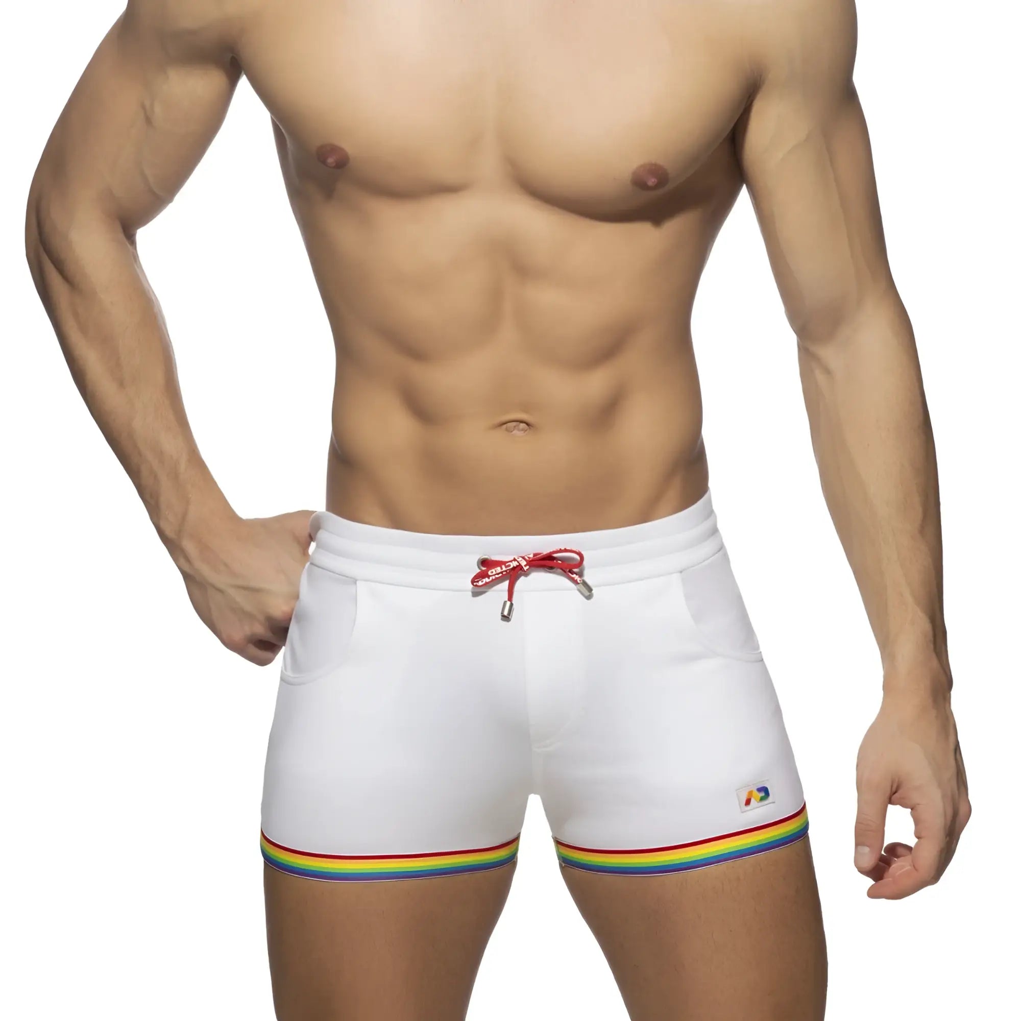 White cotton swim trunks with rainbow tape trim and red drawstring from rainbow tape cotton short collection