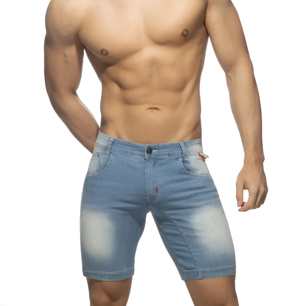 Light-wash denim rainbow tape jean short with faded distressing and classic five-pocket design front view