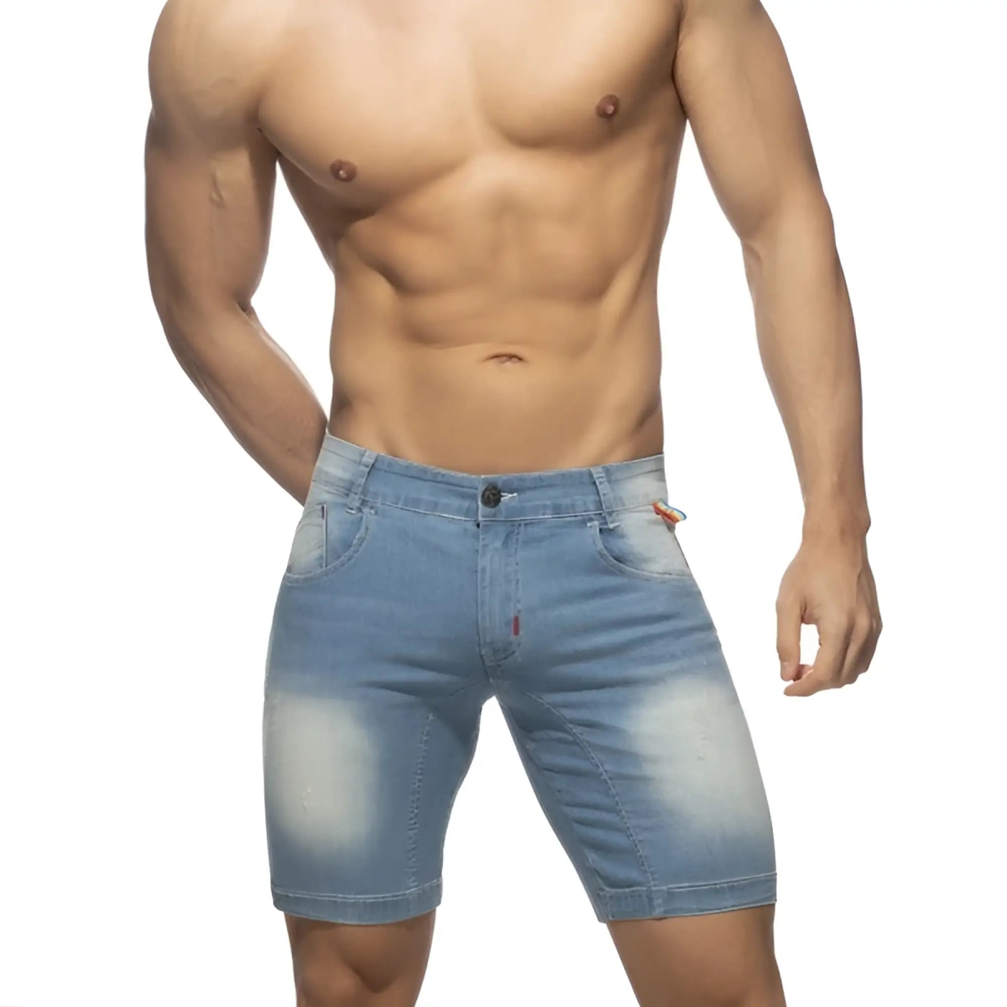 Light-wash denim rainbow tape jean short with faded distressing and classic five-pocket design front view