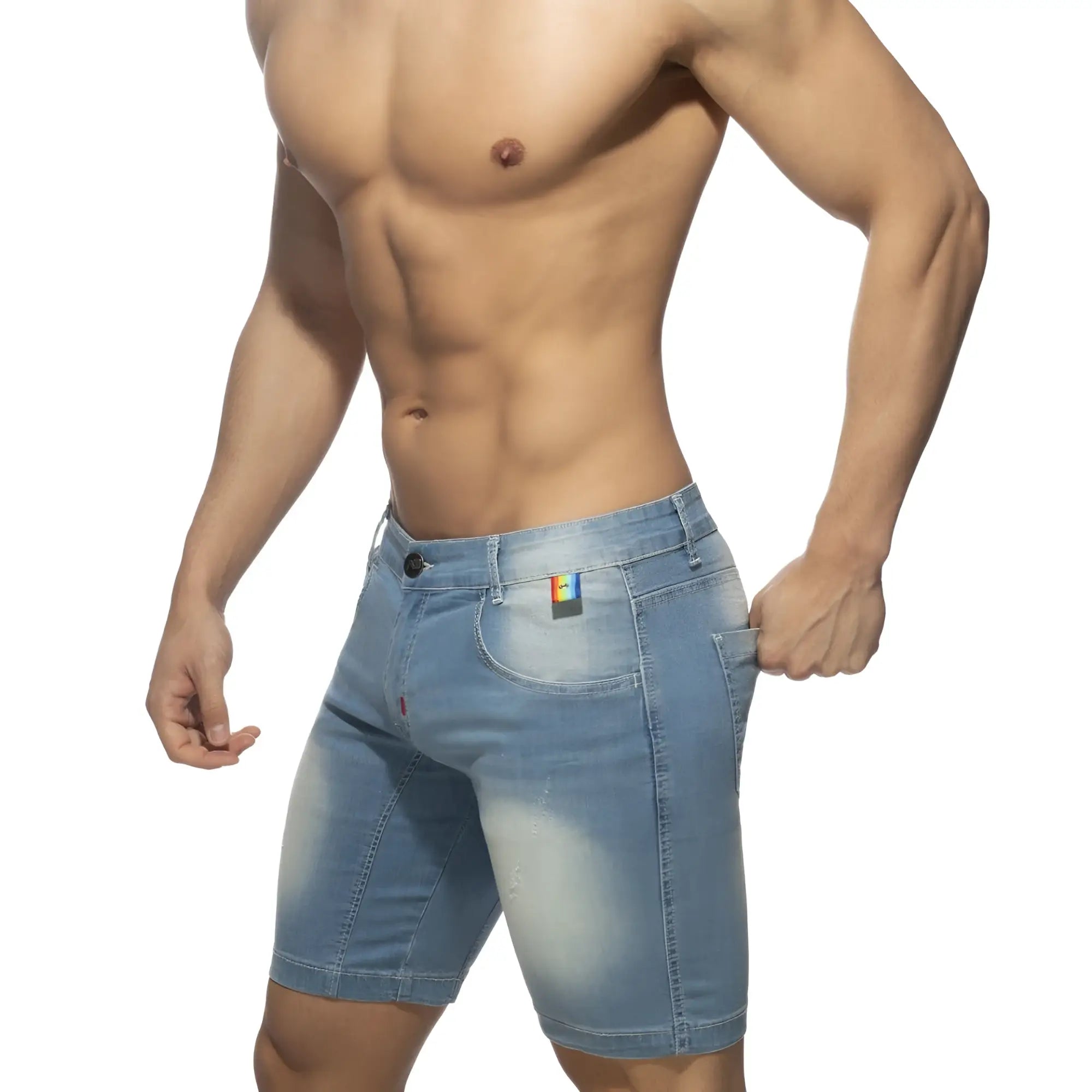 Light-wash rainbow tape jean short with faded distressed denim and subtle thigh fading front view