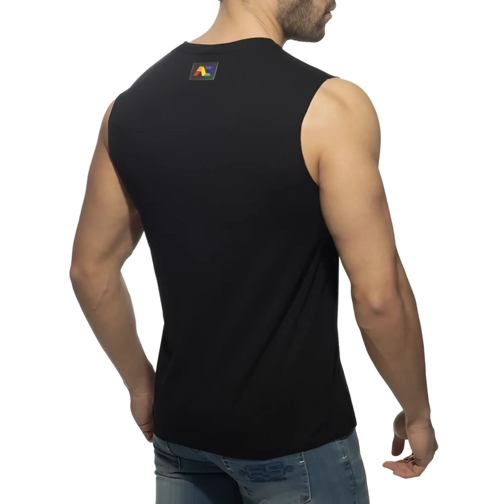 Black sleeveless rainbow tape tank top showing the back with a small colorful logo patch on the upper back