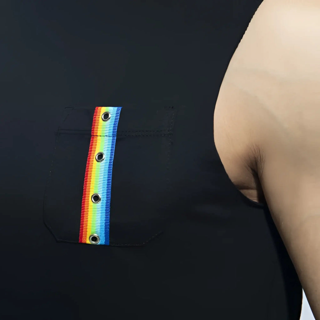Black sleeveless tank top with front pocket featuring vertical rainbow tape threaded through five metal grommets
