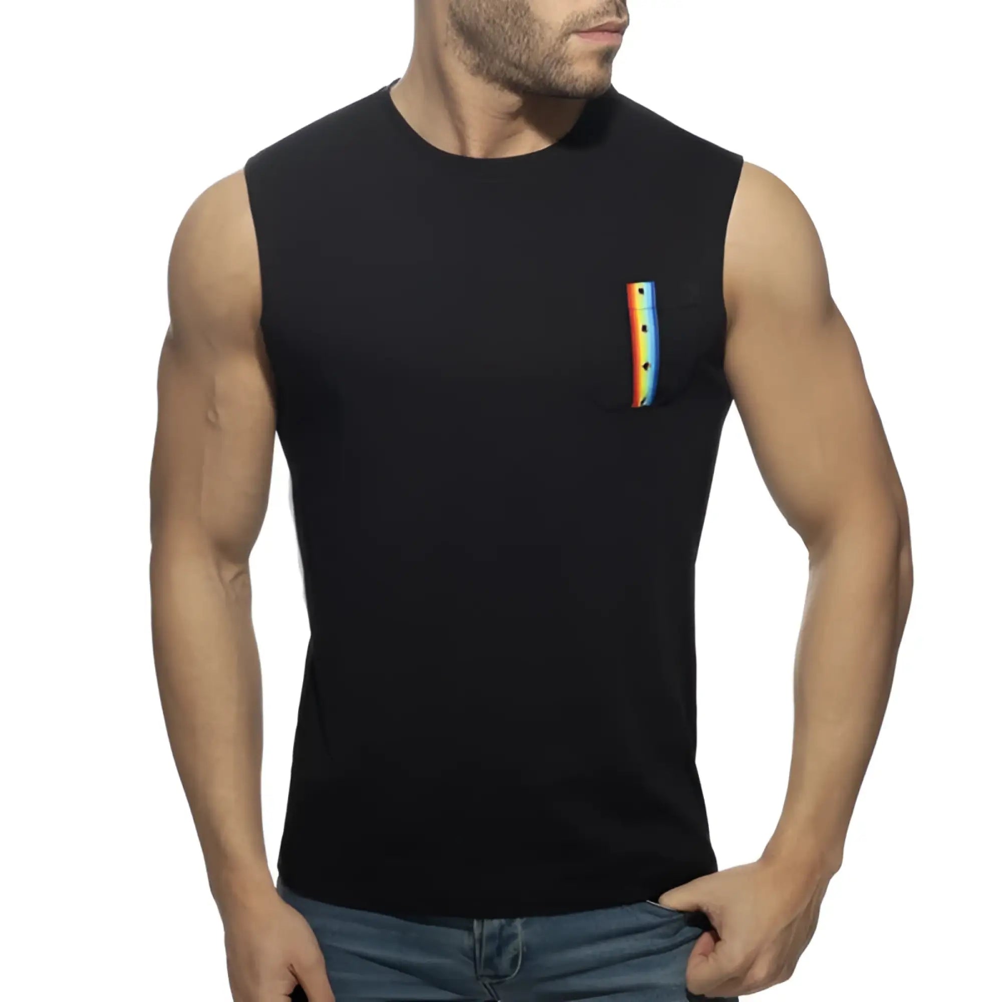 Black sleeveless tank top with rainbow-striped chest pocket perfect for casual summer wear