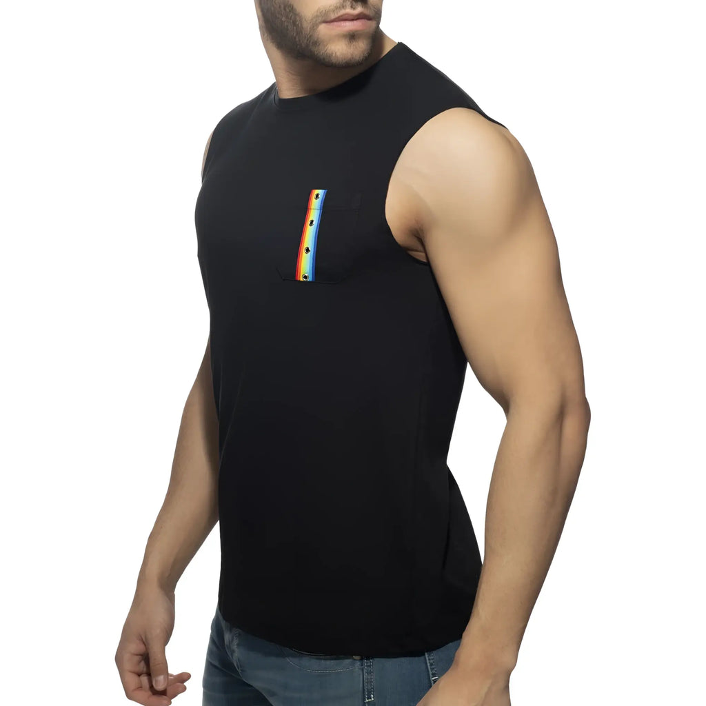 Black sleeveless tank top featuring a vertical rainbow-colored graphic on the chest called rainbow tape tank top
