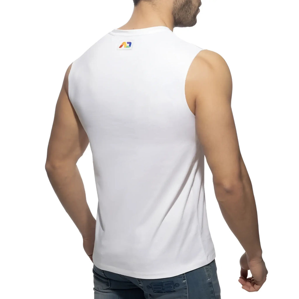 Back of white sleeveless rainbow tape tank top with small rainbow logo on the collar made from soft fabric