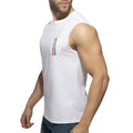 White sleeveless tank top with a rainbow-striped pocket detail from the rainbow tape tank top collection