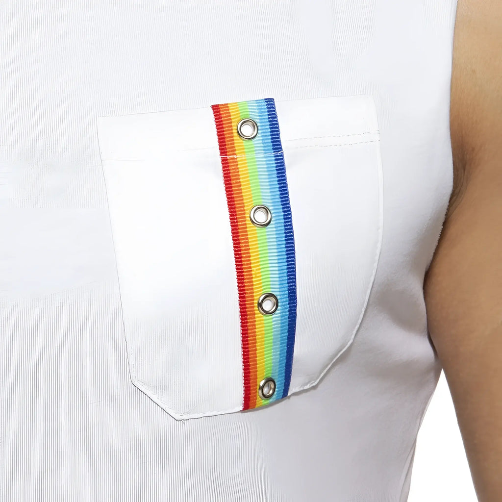 White sleeveless rainbow tape tank top with rainbow-striped ribbon and silver grommets on front pocket detail