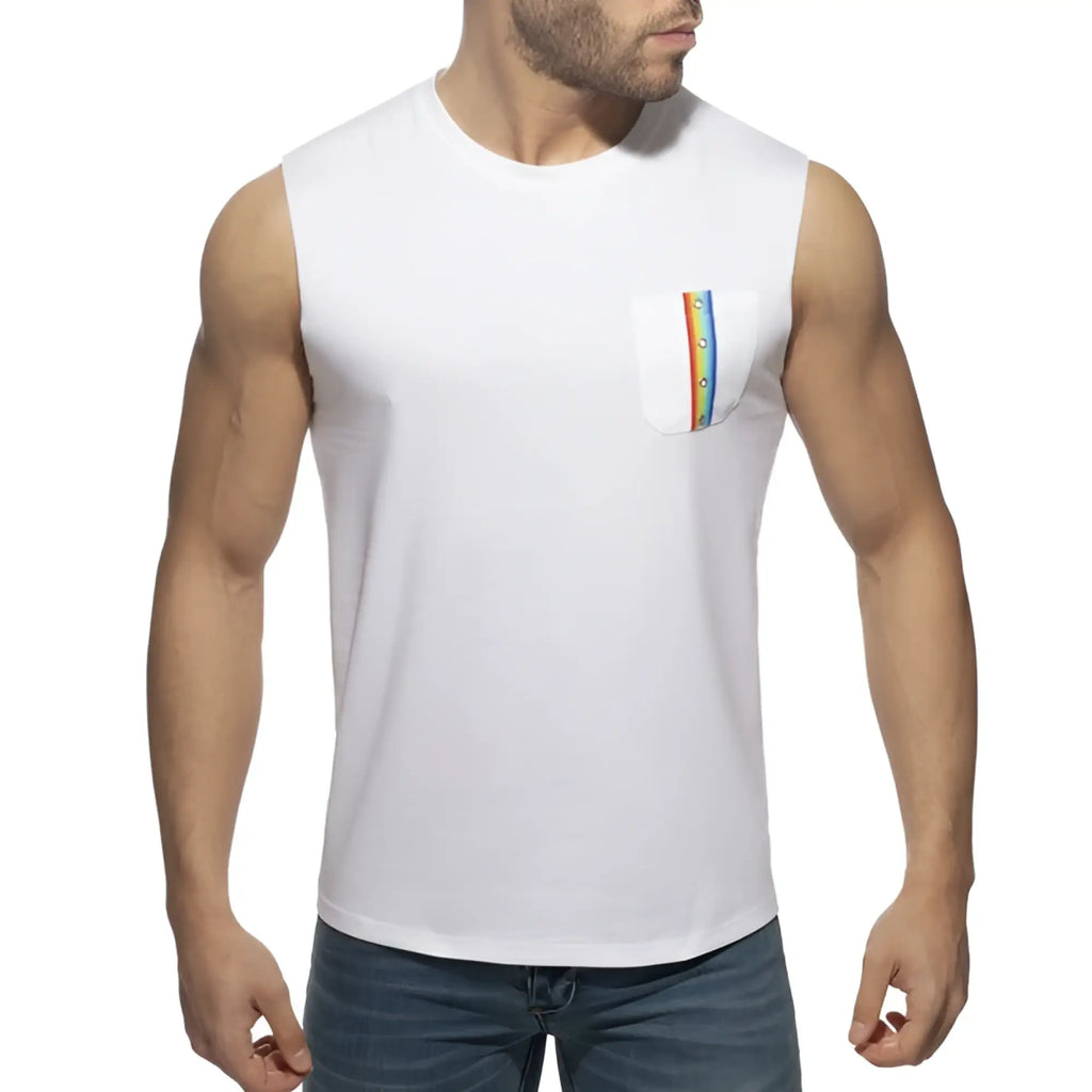White sleeveless tank top with rainbow-striped pocket detail perfect for casual summer wear