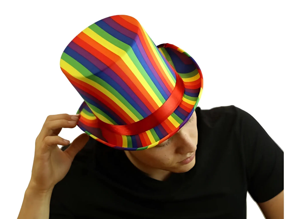Rainbow top hat with rainbow stripes and a red satin band made of smooth fabric for festive wear