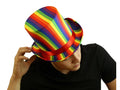 Rainbow top hat with rainbow stripes and a red satin band made of smooth fabric for festive wear