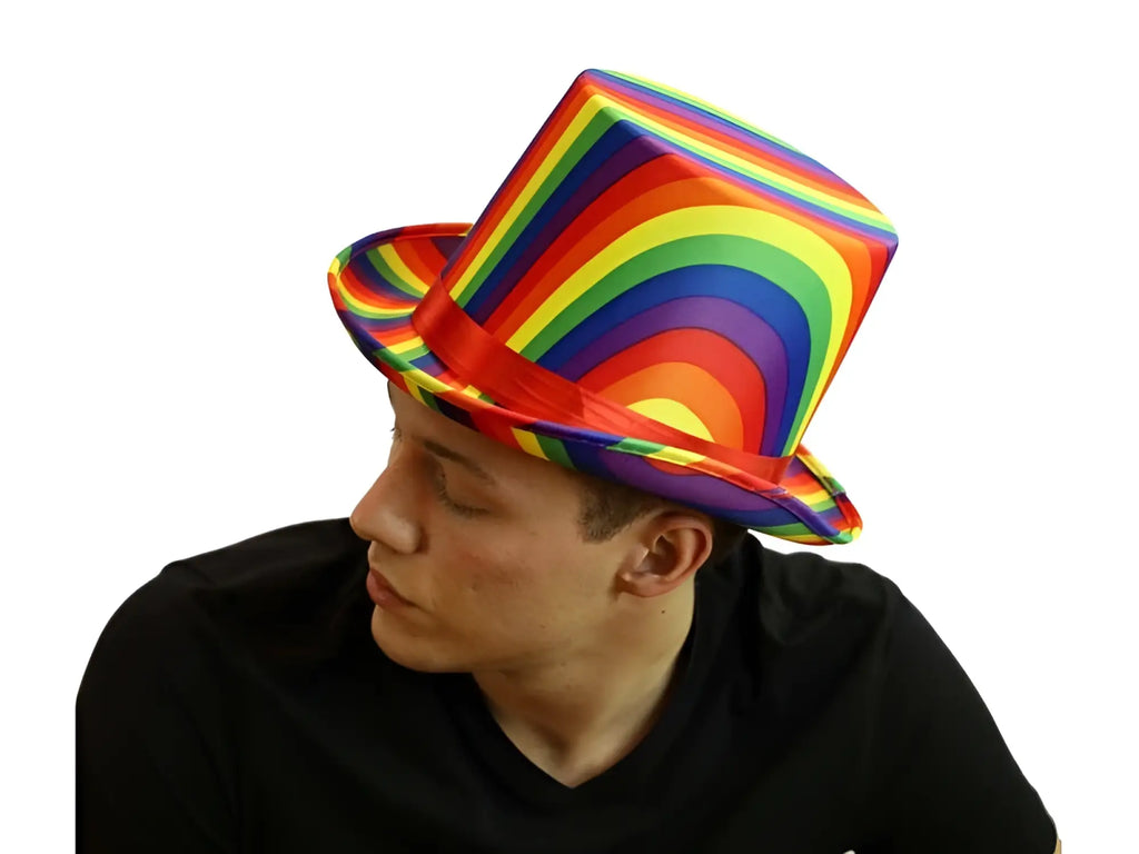 A vibrant rainbow-striped glossy top hat with a red ribbon band called rainbow top hat