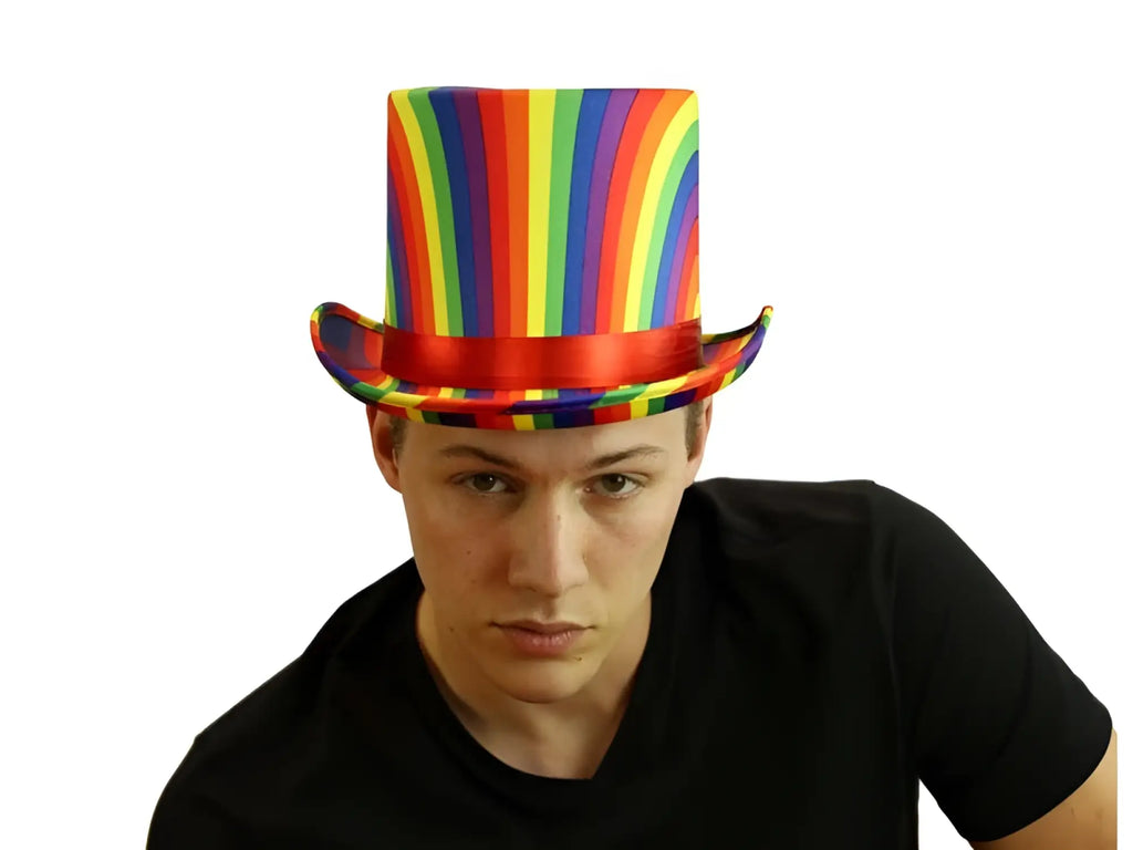 A vibrant rainbow-striped top hat with a glossy red band designed for festive occasions and celebrations