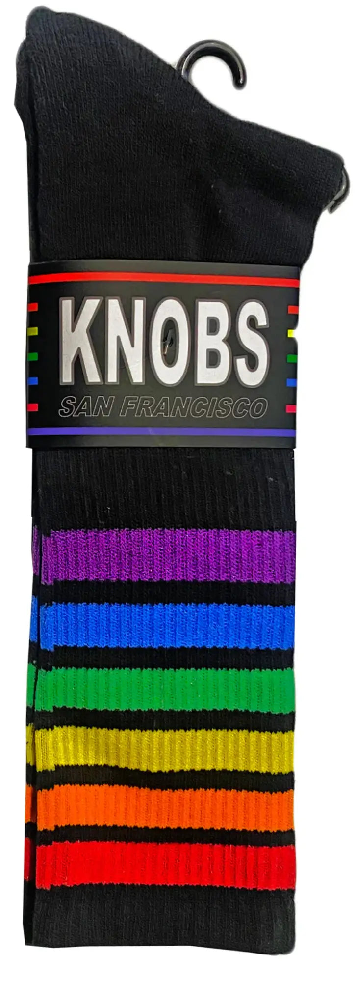 Black knit rainbow tube socks with vibrant stripes branded knobs San Francisco perfect for casual wear