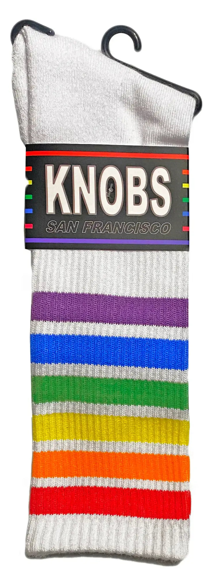 White knit rainbow tube socks with vibrant stripes and a black knobs san francisco hanger tag